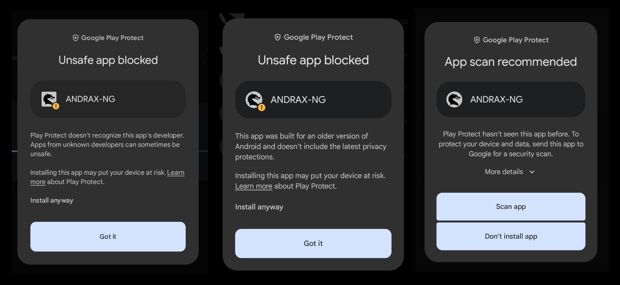 ANDRAX-NG Android Play Protecr Warnings